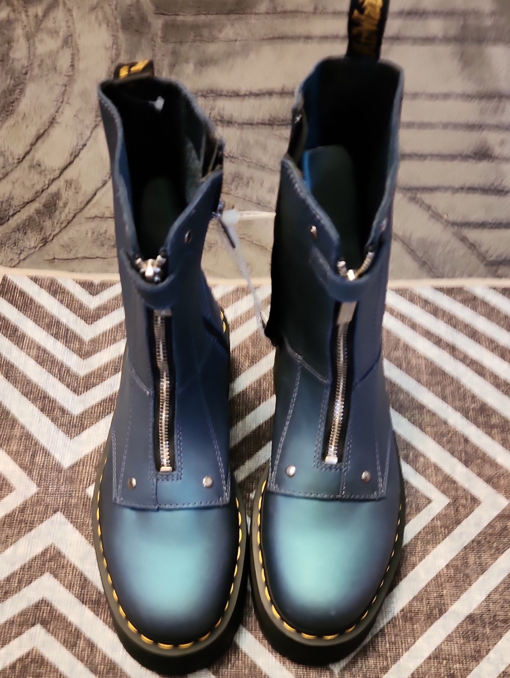 Dr. Martens Blue Front-Zip Combat Boots with Yellow Stitching